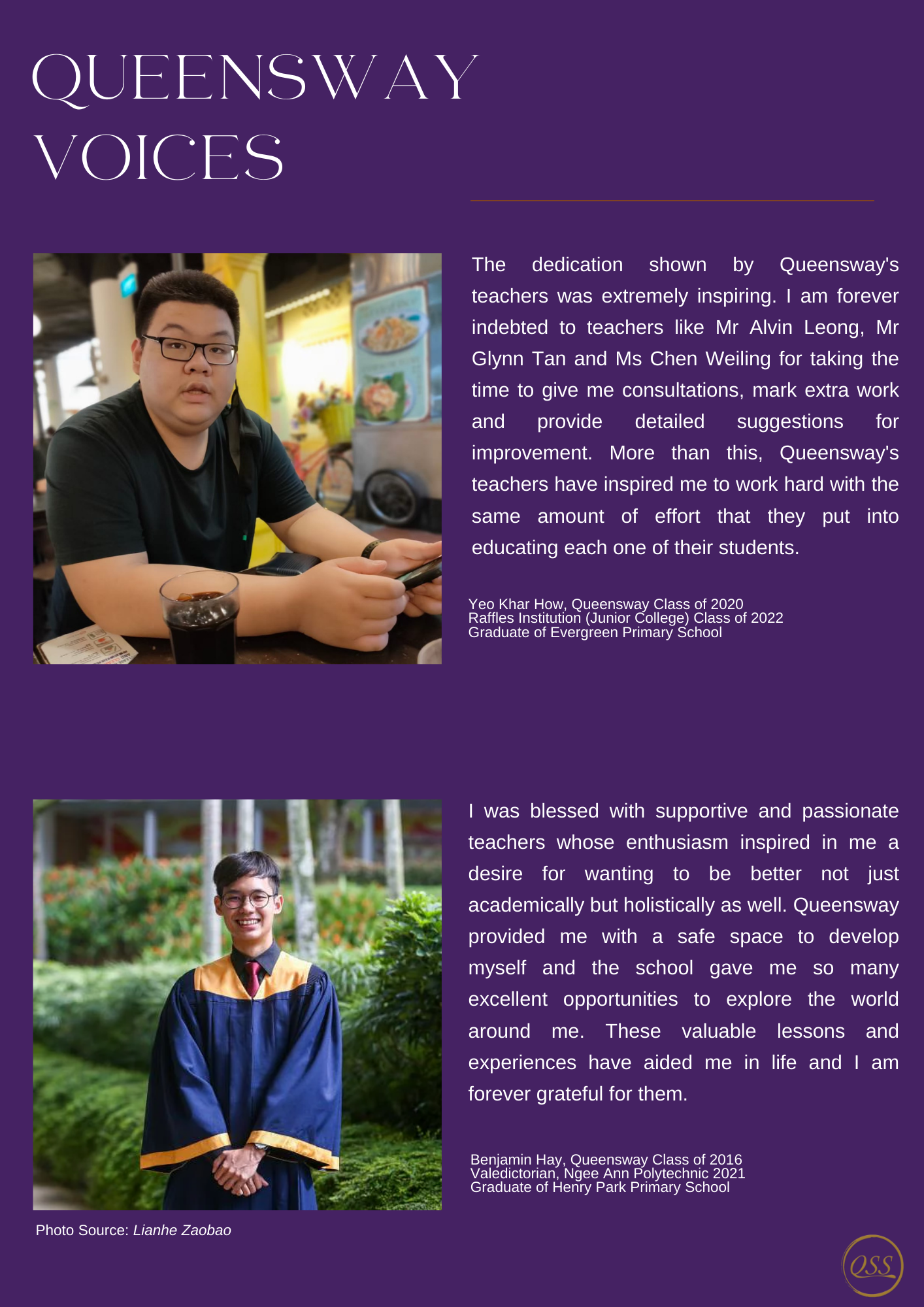 Queensway Voices flyer with two student photos and quotes about teachers, on a purple background.